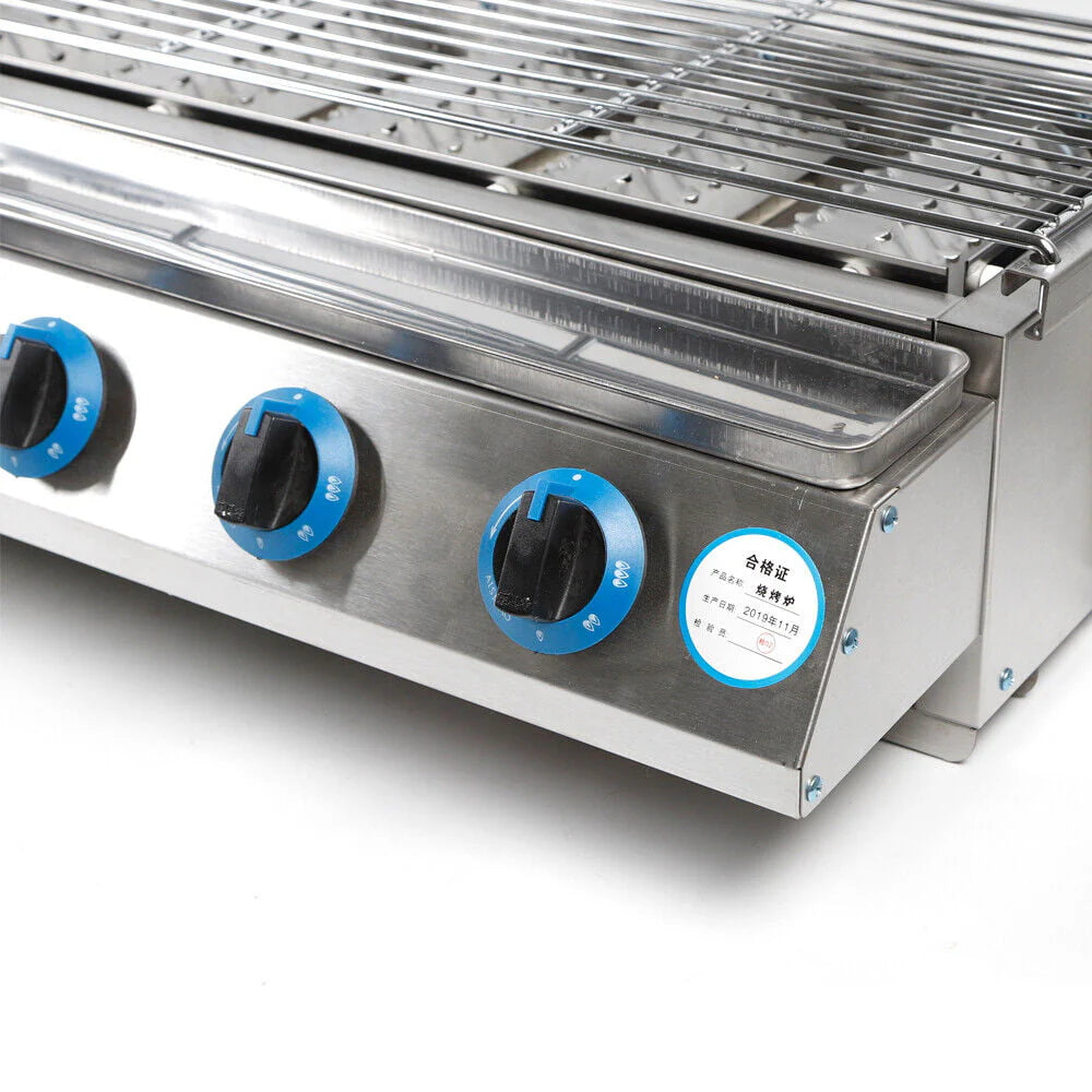 Commercial Gas LPG Grill 2800PA Outdoor BBQ Tabletop Cooker 6-Burner 6 Burners LPG Gas BBQ Grill Stainless Steel Smokeless Grill Glass Shield Outdoor