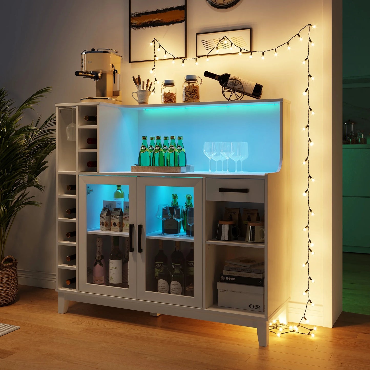 LINSY HOME Wine Bar Cabinet with LED Light, Home Coffee Cabinet with Wine and Glass Rack, Kitchen Buffet Sideboard with Storage Cabinet& Drawers, White