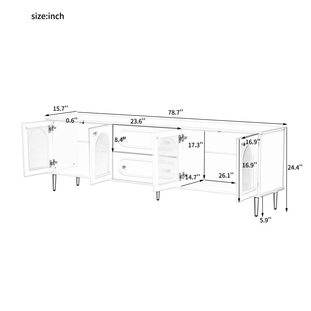 Modern 85 Inch TV Stand with Drawers and Glass Cabinets, Media Console for Living Room and Bedroom, Black MDF Entertainment Center with Cable Management and Adjustable Legs
