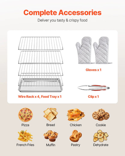 KFFKFF Professional Counter-Top Oven, 66L 4-Level Roasting Oven, 2800W Electrical Cooking Oven with Reinforced Glass Door, Wire Shelves, Clip Tray, Gloves, Stainless Steel Industrial Oven