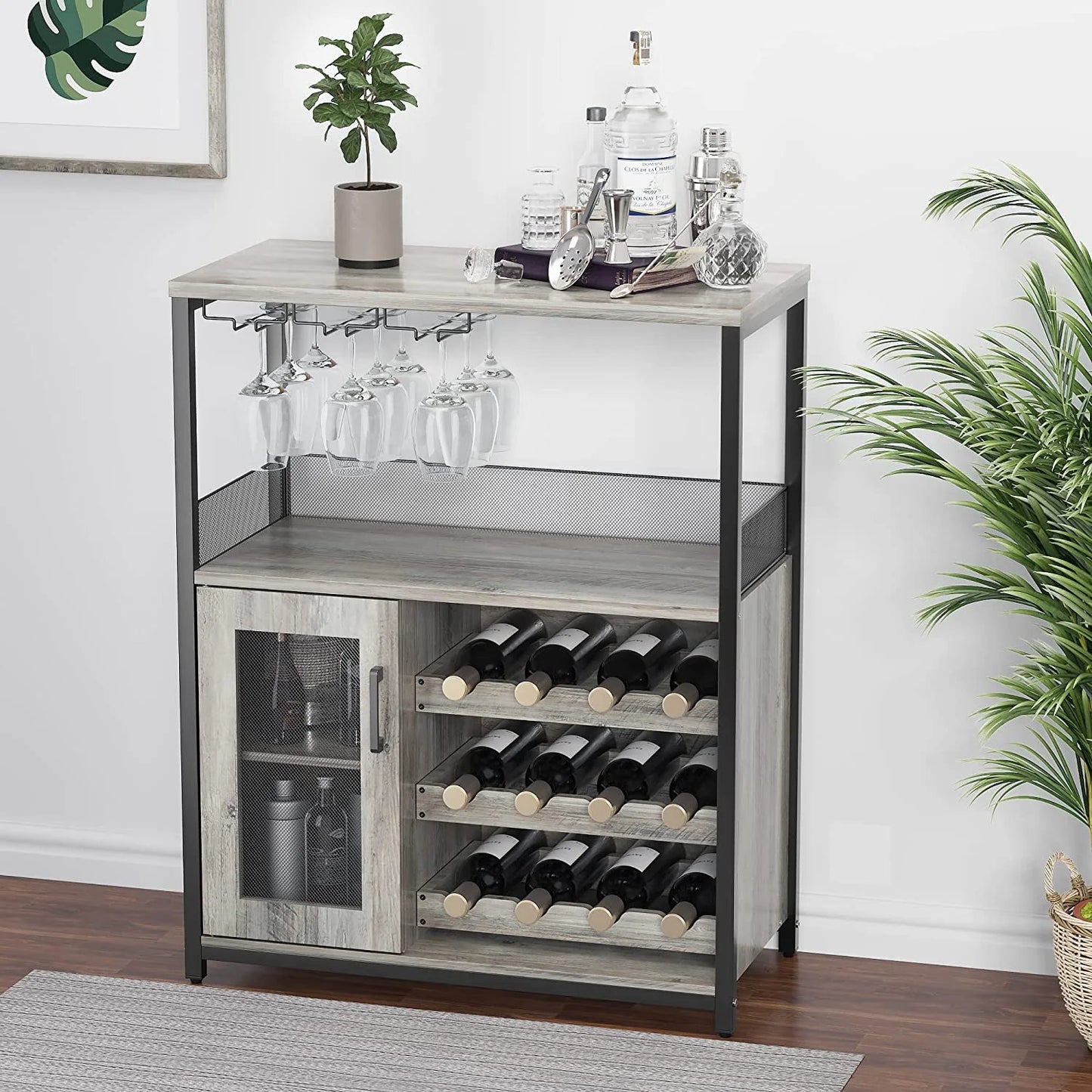 Litake Wine Bar Rack Cabinet with Detachable Wine Rack, Bar Cabinet with Glass Holder, Small Sideboard and Buffet Cabinet with Mesh Door, Rustic Brown