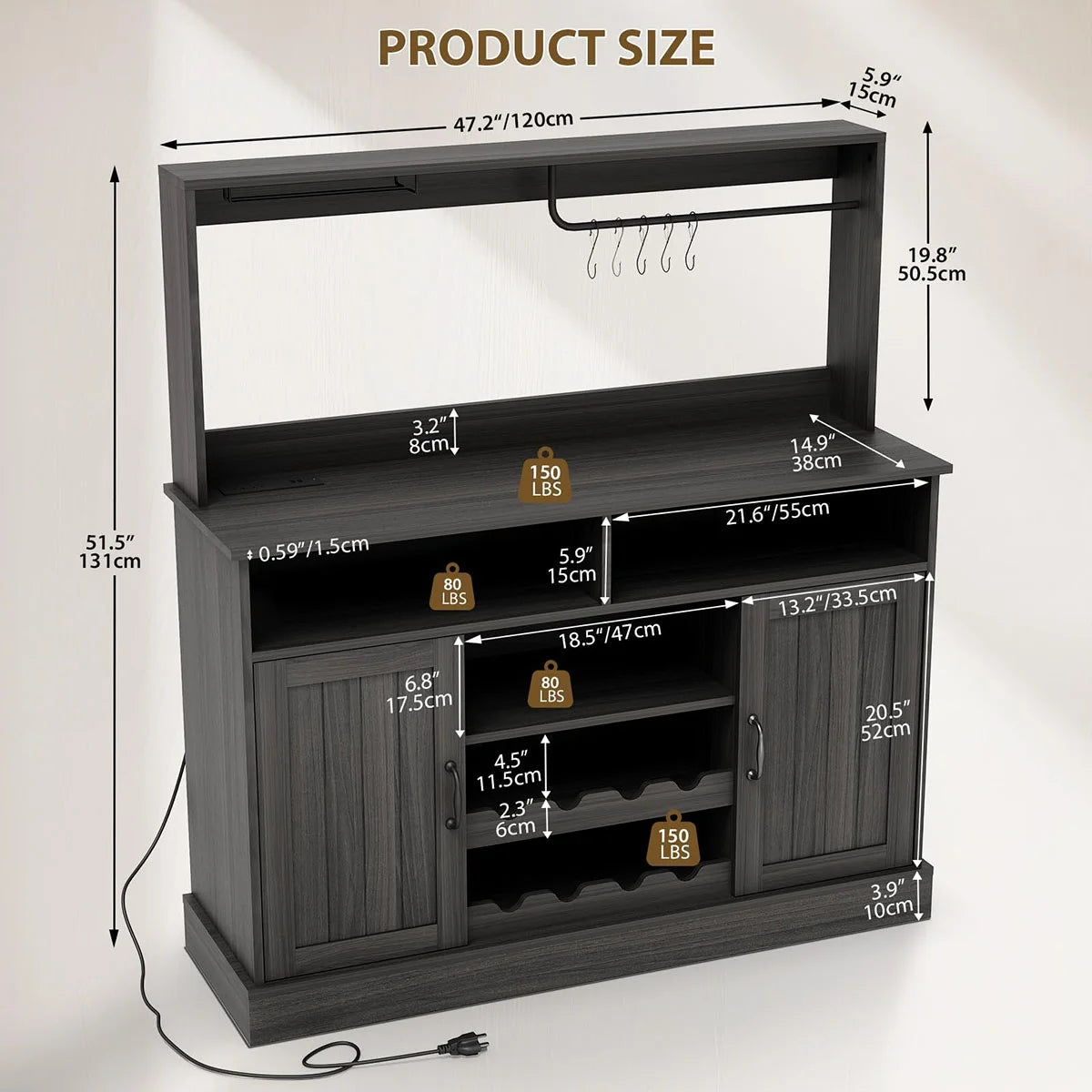 Ataucjin Farmhouse Coffee Bar Cabinet with Wine Rack,47''Coffee Bar Station with Power Outlet & Goblet Holder,Hutch Storage Cabinet with Glass Racks & 5 Hooks Sideboard Cabinets for Dining Living Room