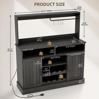Ataucjin Farmhouse Coffee Bar Cabinet with Wine Rack,47''Coffee Bar Station with Power Outlet & Goblet Holder,Hutch Storage Cabinet with Glass Racks & 5 Hooks Sideboard Cabinets for Dining Living Room
