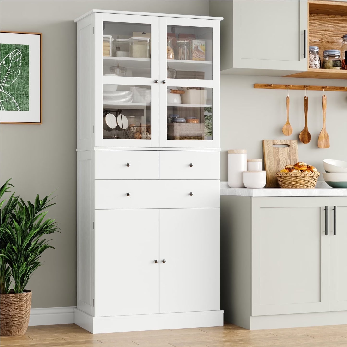 Homfa 71'' Kitchen Pantry with 5-Tier Shelves & 3 Drawers, Floor Cabinet Storage Cupboard With Display Glass Doors for Dining Room, White