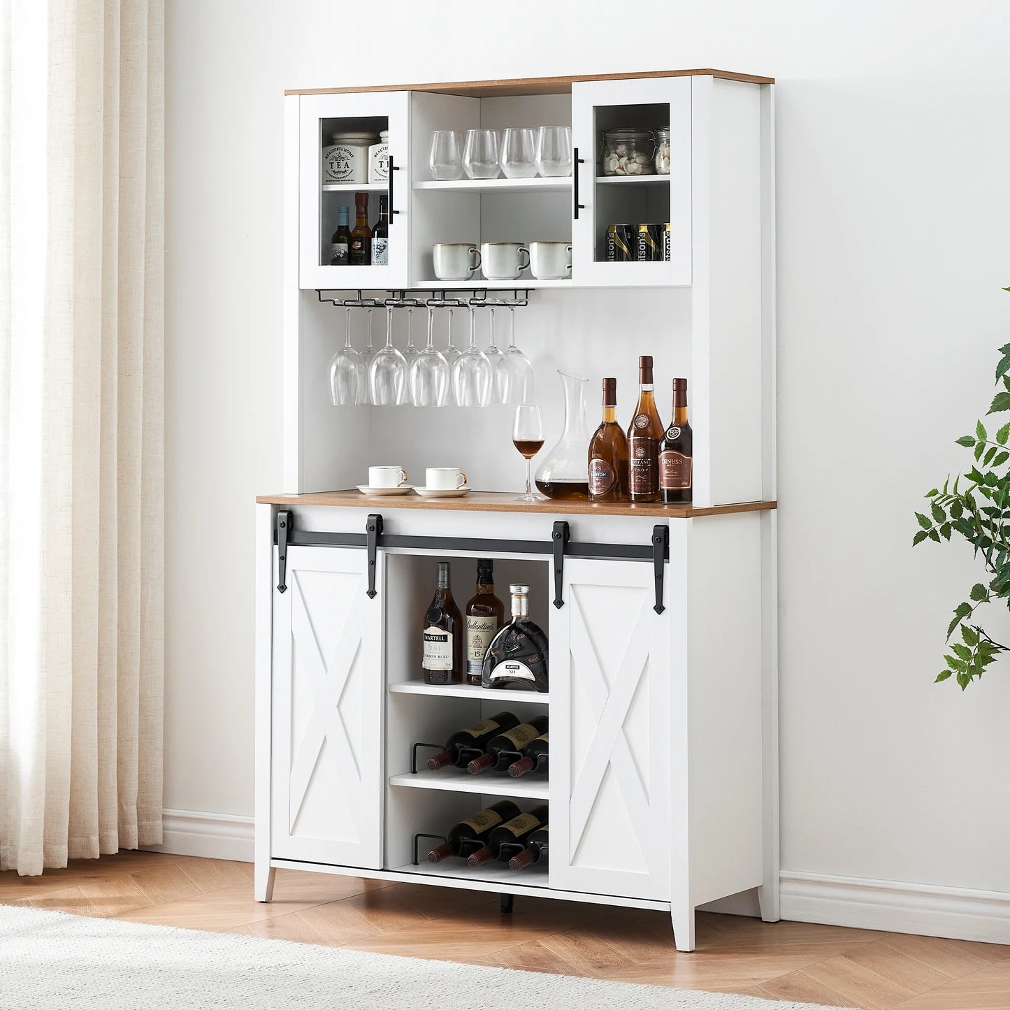 Farmhouse Bar Cabinet with Storage, Kitchen Buffet Cabinet with Sliding Barn Door and 3 Drawers, Coffee Bar with Wine and Glass Rack for Kitchen, Dining Room, White