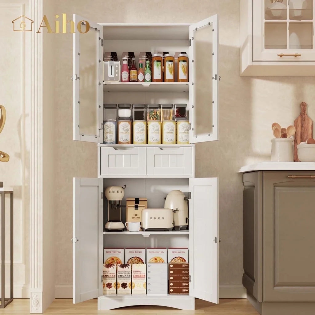 Aiho 67" Kitchen Pantry Storage Cabinet, Pantry Storage Cabinet with 2 Drawers and Glass Doors for Kitchen, Dining Room - White