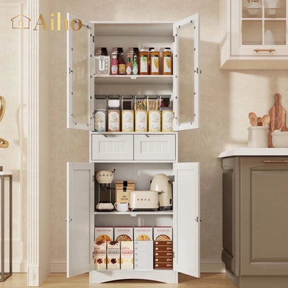 Aiho 67" Kitchen Pantry Storage Cabinet, Pantry Storage Cabinet with 2 Drawers and Glass Doors for Kitchen, Dining Room - White