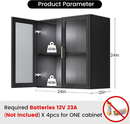 Wall Storage Cabinets - Led Upper Kitchen Laundry Wall Mounted Cabinets with Acrylic Glass 3 Doors and Shelves, 36'Wide