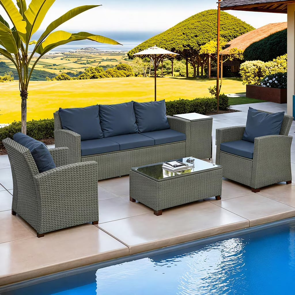 HighSound 5 Pcs PE Rattan Wicker Patio Sofa Set Outdoor Sectional Furniture Set with Tempered Glass Table