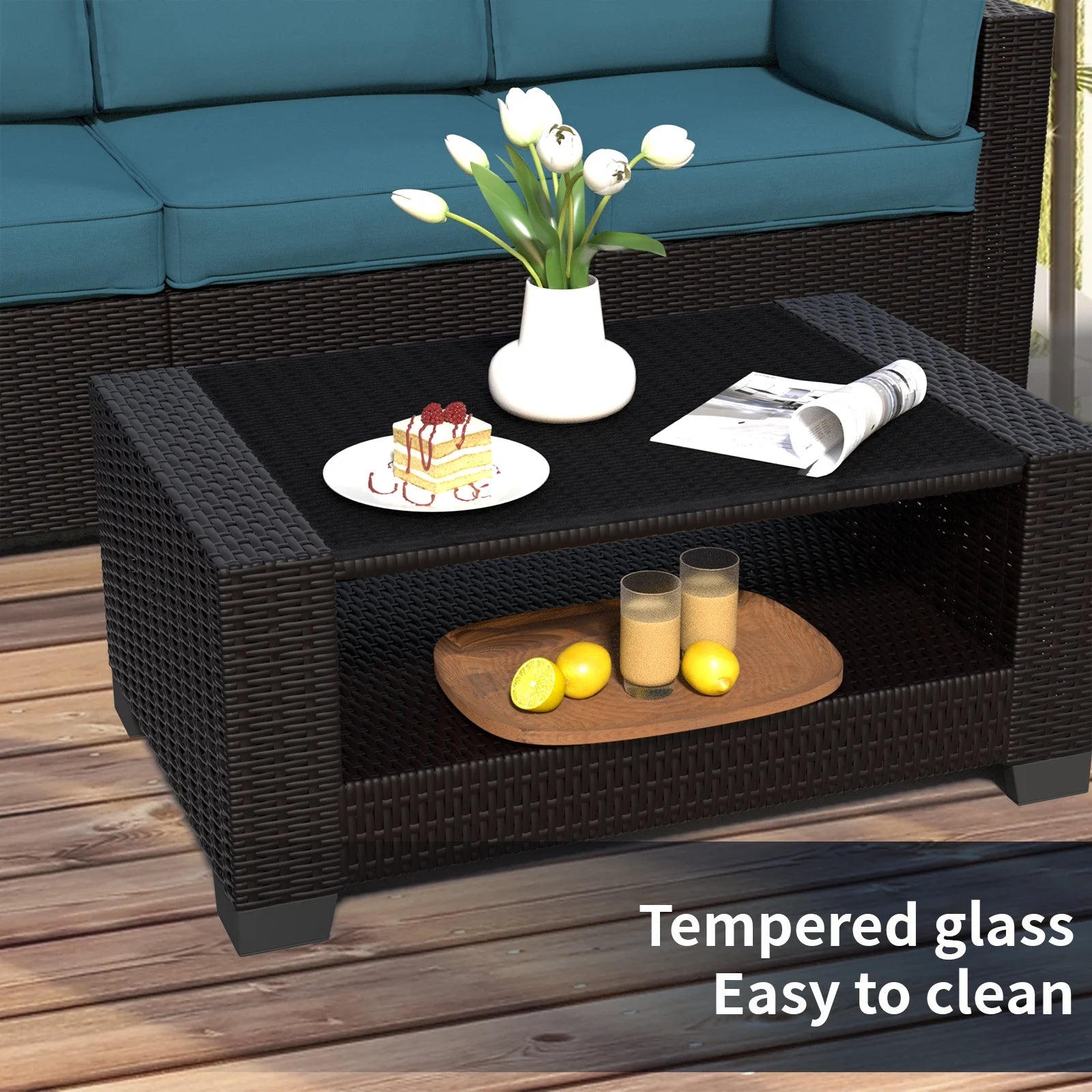 SHGJ& SOFT 7 Piece Patio Furniture Set, Wicker Outdoor Sectional Sofa with Washable Cushion Covers and Tempered Glass Table, Rattan Conversation Set for Poolside, Lawn, Balcony