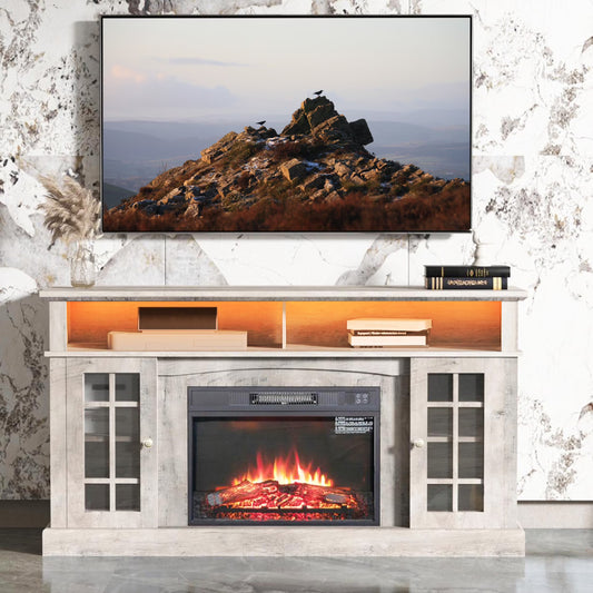 Electric Fireplace TV Stand for 65" TV, Farmhouse TV Stand for Living Room with Adjustable Shelves and Glass Doors, Media Console with Wireless Remote Control Virtual Flame Fireplace, Gray