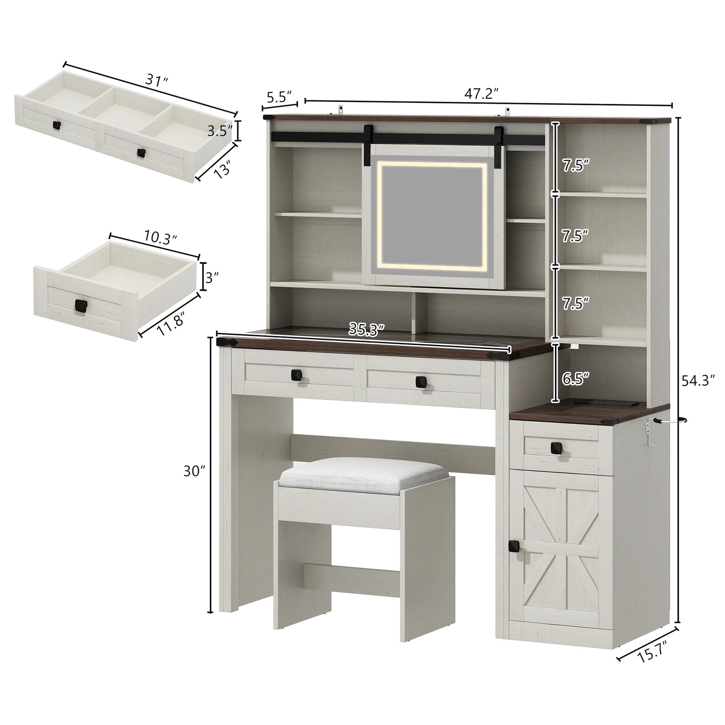 Blotout 47.2" Farmhouse Rustic Makeup Vanity Desk with Sliding Mirror and Lights, Glass Top Vanity Set with Charging Station & 3 Drawers & 1 Cabinet & Stool, Big Vanity (White)