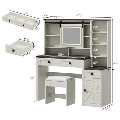 Blotout 47.2" Farmhouse Rustic Makeup Vanity Desk with Sliding Mirror and Lights, Glass Top Vanity Set with Charging Station & 3 Drawers & 1 Cabinet & Stool, Big Vanity (White)