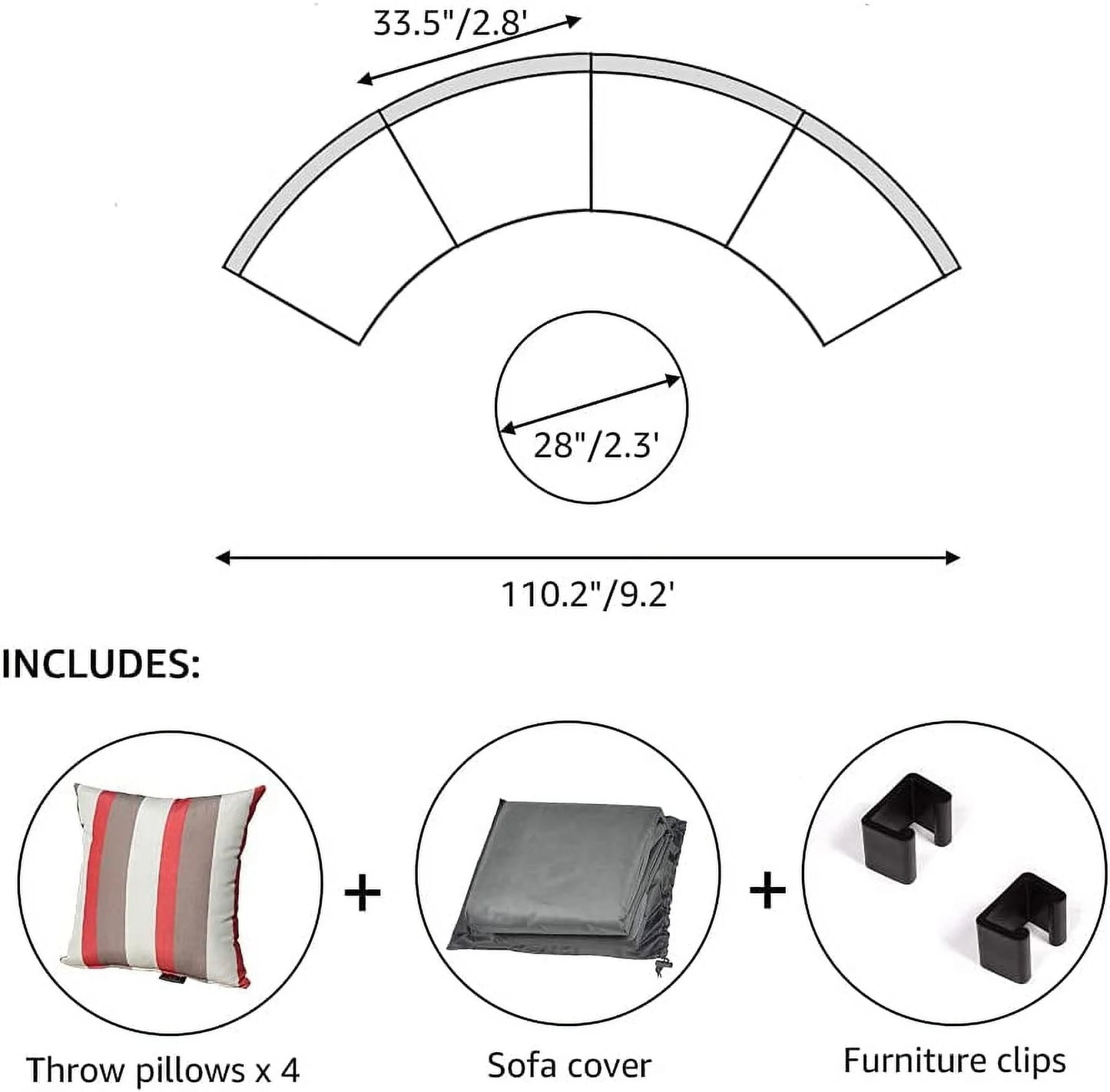 Outdoor Sectional Sofa Set, Half-moon Furniture with Cover, Patio PE Wicker Set with Beige Cushions & Tempered Glass Coffee Table, 5-Piece