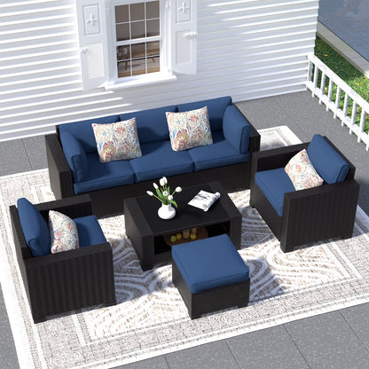 SHGJ& SOFT 7 Piece Patio Furniture Set, Wicker Outdoor Sectional Sofa with Washable Cushion Covers and Tempered Glass Table, Rattan Conversation Set for Poolside, Lawn, Balcony