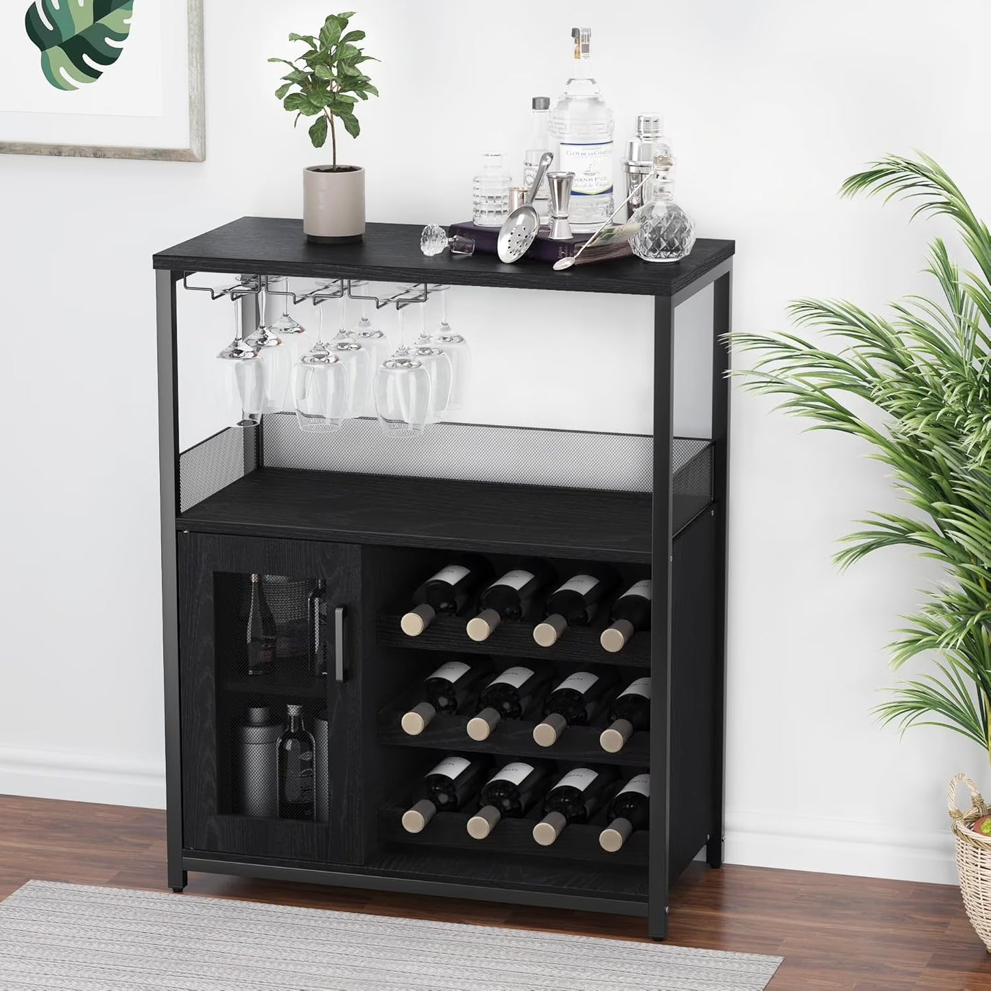 Wine Bar Cabinet, Liquor Storage Cabinet with Detachable Wine Rack, Small Coffee Bar with Glass Holder & Mesh Door, Buffet Sideboard for Dining Room, Kitchen, Living Room, Grey