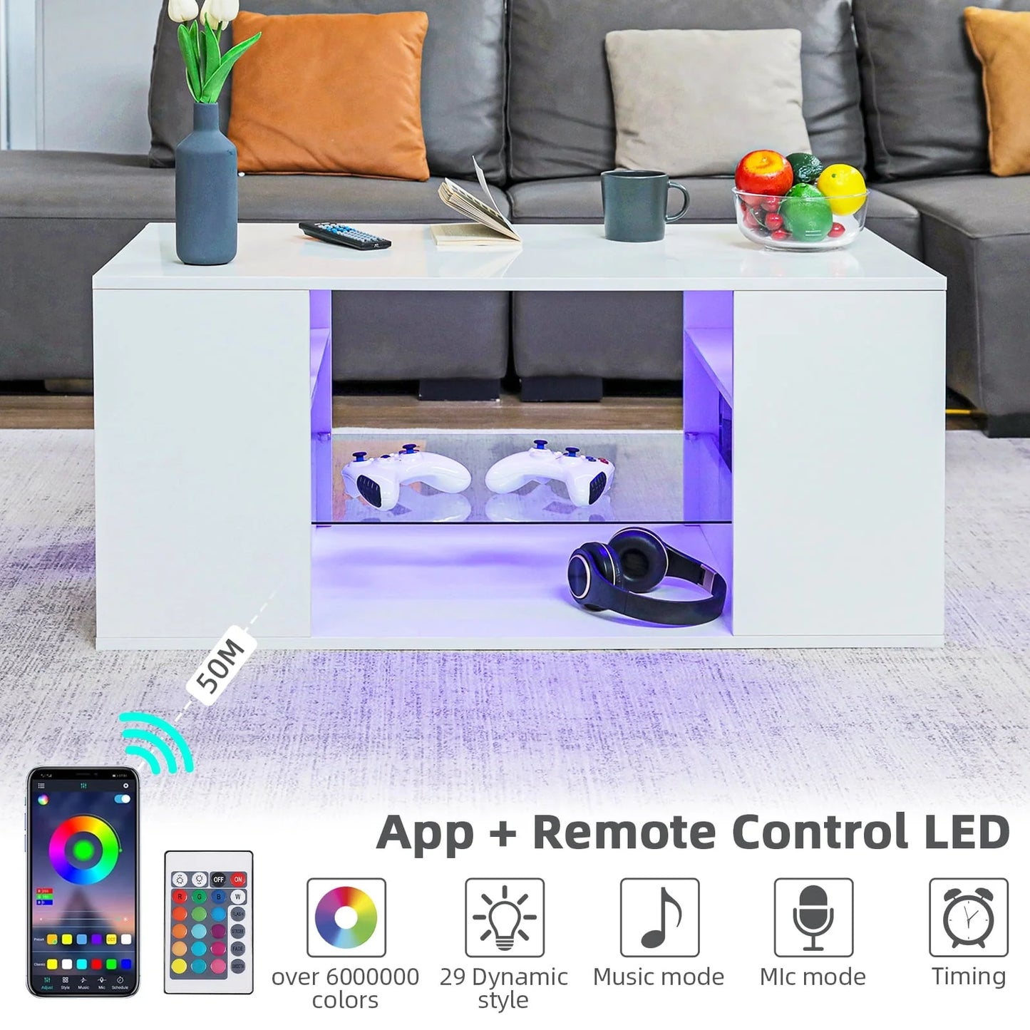 Hommpa LED Coffee Table with Glass Display Shelves for Living Room App and Remote Control LED Lights High Gloss Center Table Sofa Side Tables