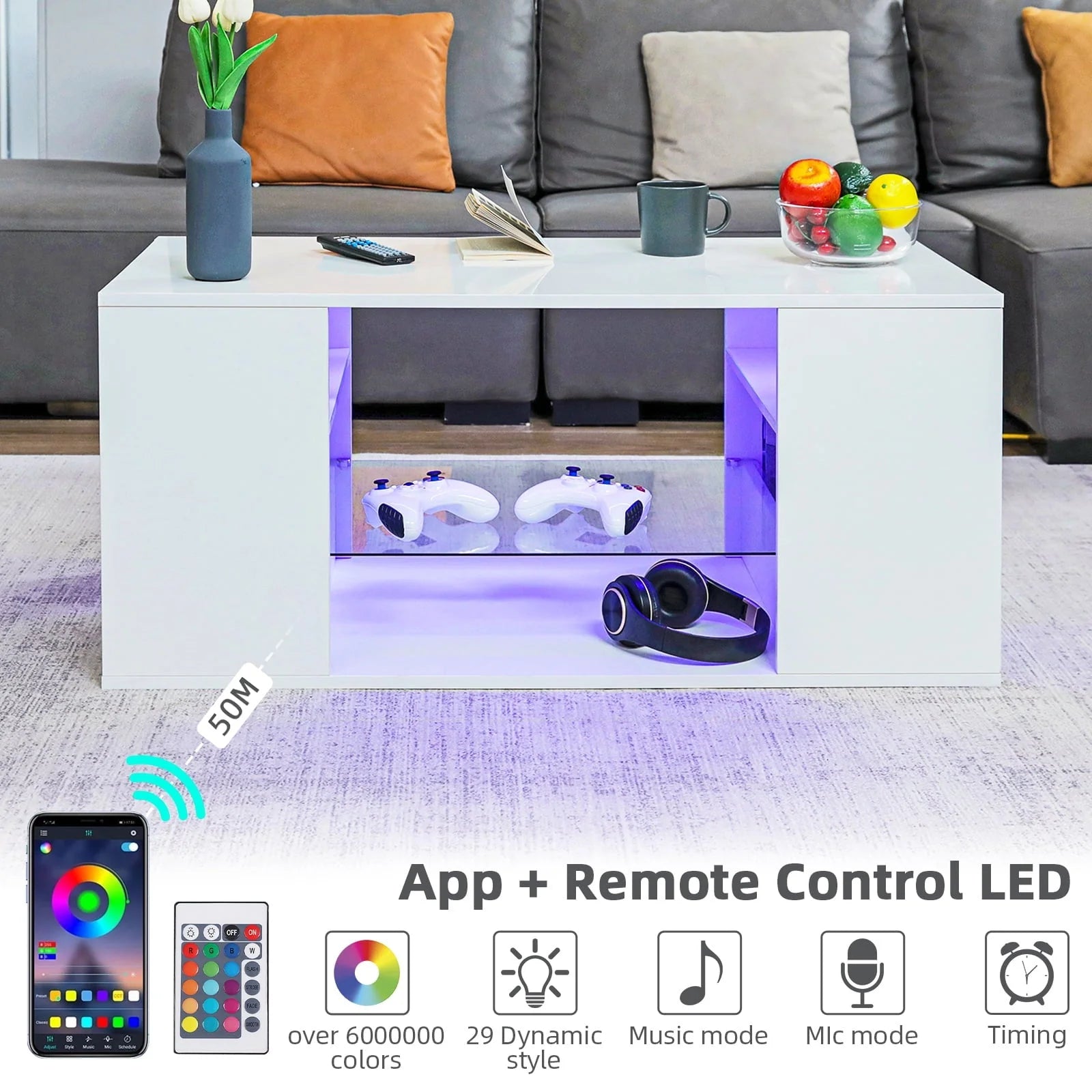 Hommpa LED Coffee Table with Glass Display Shelves for Living Room App and Remote Control LED Lights High Gloss Center Table Sofa Side Tables