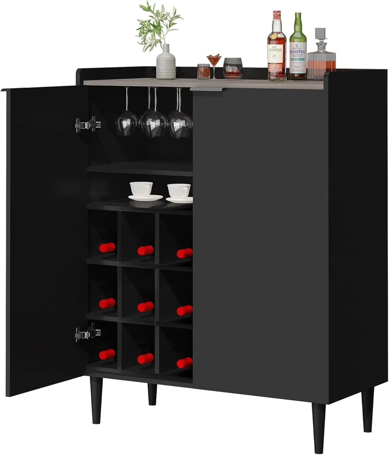 Lamerge Bar Cabinet, Black Industrial Bar Cabinet for Wine Glasses and Glasses, 37 Inch with Removable Wine Rack for Kitchen, Living Room Black