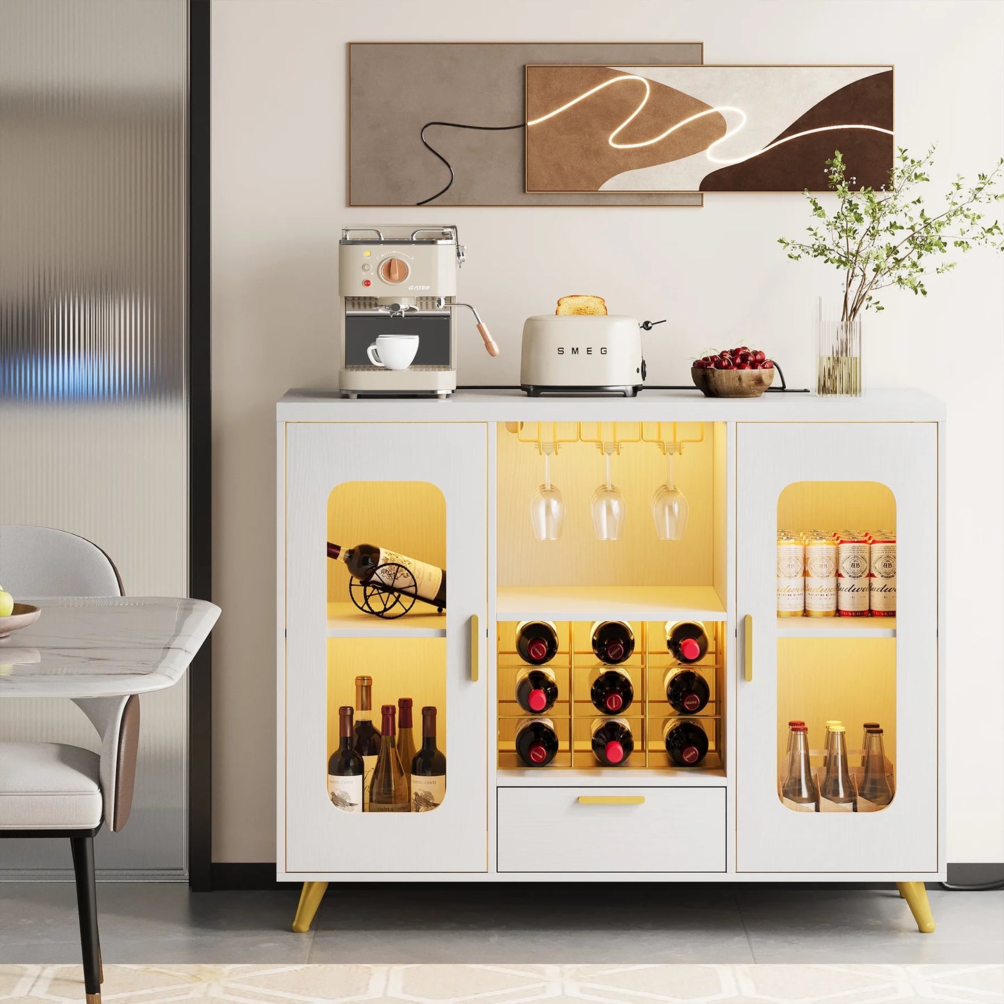 Condemo Wine Bar Cabinet with LED Light & Power Outlet, Liquor Cabinet with Wine Rack and Glass Holder for Dining Room, Living Room, Kitchen, White