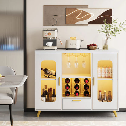 Condemo Wine Bar Cabinet with LED Light & Power Outlet, Liquor Cabinet with Wine Rack and Glass Holder for Dining Room, Living Room, Kitchen, White
