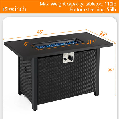Topeakmart 43'' Propane Fire Pit Table with Tempered Glass Tabletop 50,000 BTU, Black