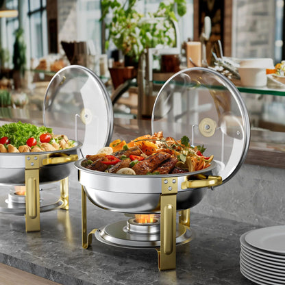 Chafing Dish Buffet Set 4 Pack: TINANA 5QT Stainless Steel Chafing Dishes with Glass Lid & Lid Holder, Round Food Warmers for Parties, Events, Wedding-Gold