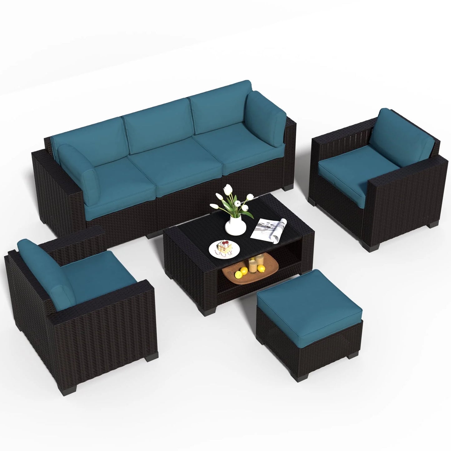 SHGJ& SOFT 7 Piece Patio Furniture Set, Wicker Outdoor Sectional Sofa with Washable Cushion Covers and Tempered Glass Table, Rattan Conversation Set for Poolside, Lawn, Balcony