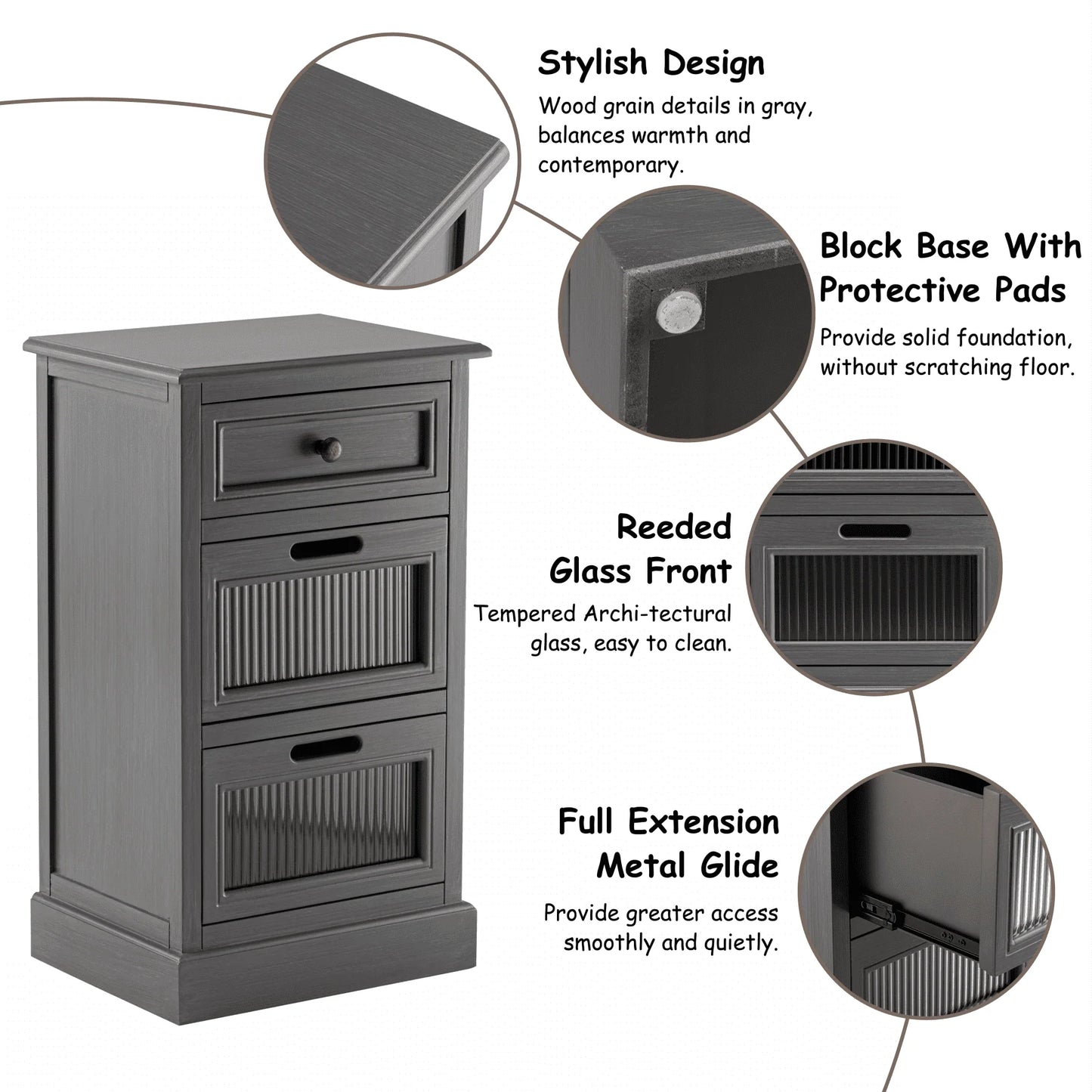 COZAYH Mid Century Modern Nightstand, Fully Assembled Nightstand with 3 Reeded Glass Front Drawers, Distressed Gray Nightstand with Antique Brass Knob and Metal Glide, 27.5°?Tall