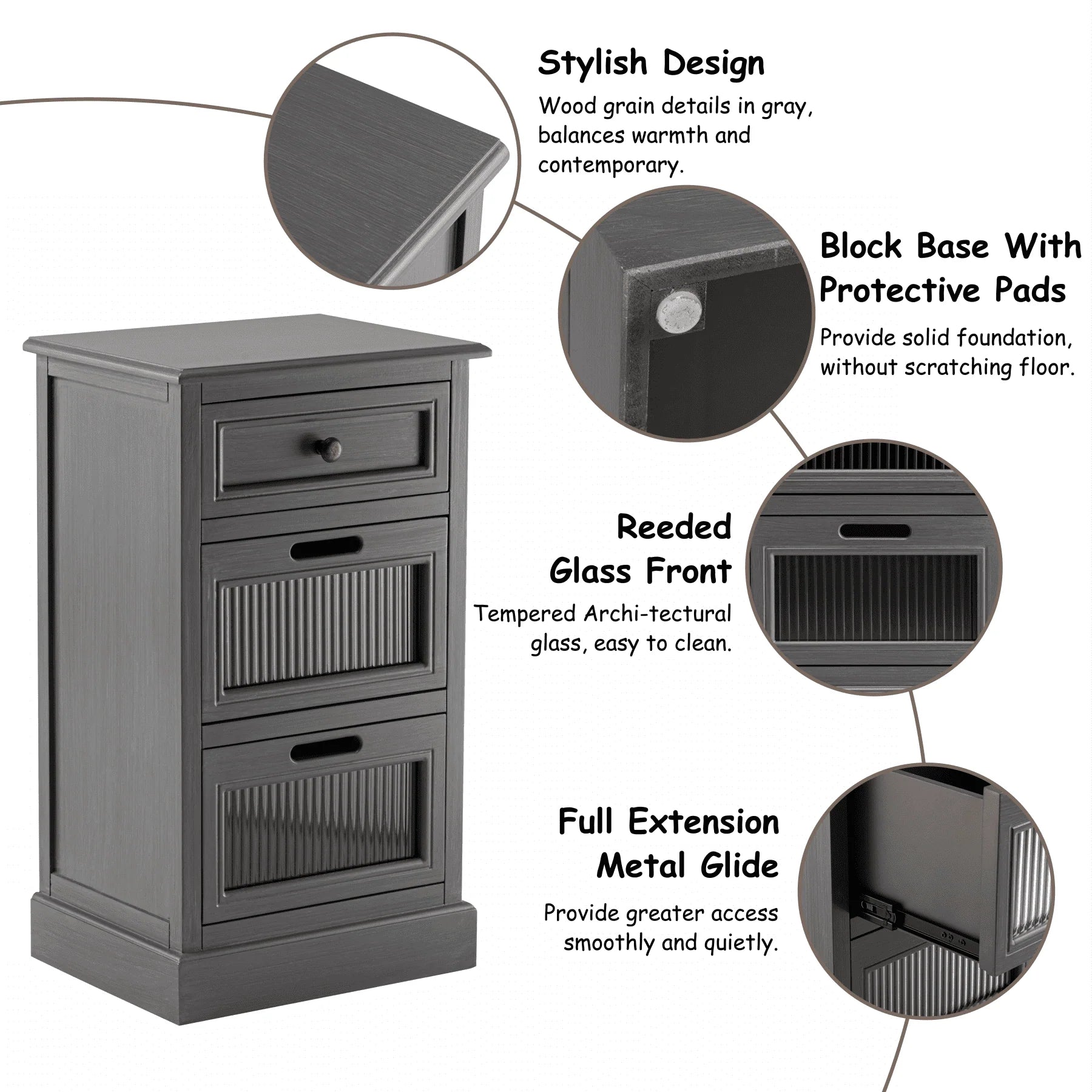 COZAYH Mid Century Modern Nightstand, Fully Assembled Nightstand with 3 Reeded Glass Front Drawers, Distressed Gray Nightstand with Antique Brass Knob and Metal Glide, 27.5°?Tall