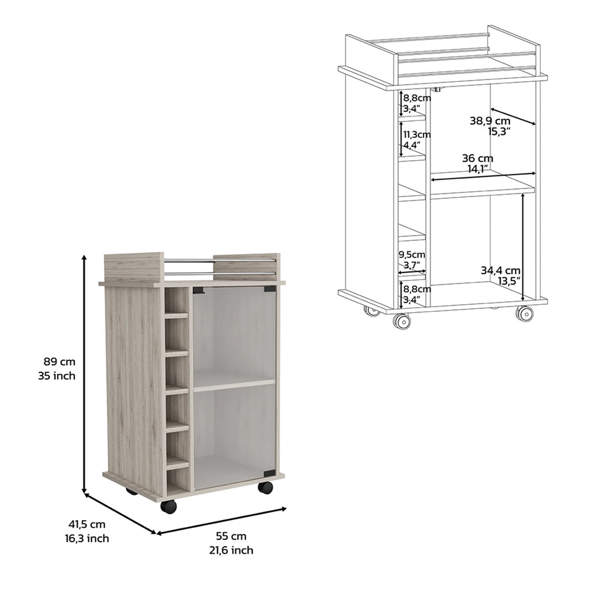 32" H carbon espresso bar-coffee cart, Kitchen or living room cabinet storage with with 4 wheels, with 6 bottle racks, a central shelf covered by 1 glass door, 1 support surface with aluminum front.