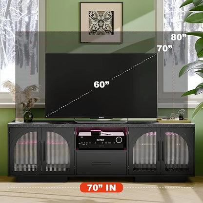 TV Stand for 75 inch TV, LED TV Stand for Living Room,70" Entertainment Center with Arched Glass Doors, Faux Marble Wood Finish Top, Adjustable Shelves, and LED Lighting, Black