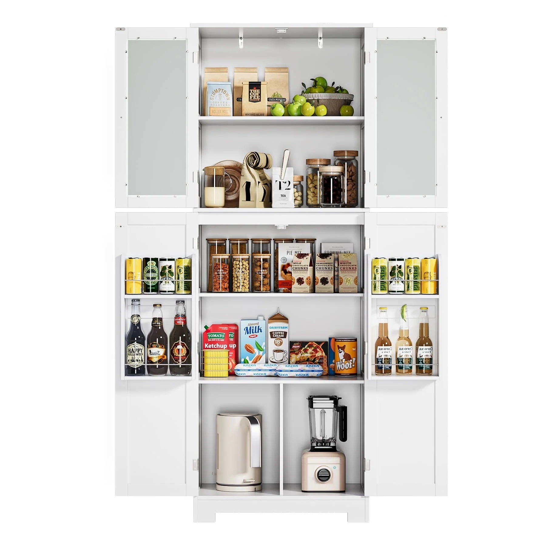 Homfa 67'' Farmhouse Kitchen Pantry Cabinet, Tall Storage Cabinet with Frosted Glass Doors for Dining Room, White