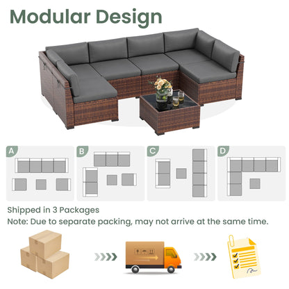 Poteban 7 Pieces Outdoor Sectional Sofa Set , PE Wicker Rattan Slanted Back Outdoor Conversation with Cushions and Glass Coffee Table for Backyard Garden, Dark Gray