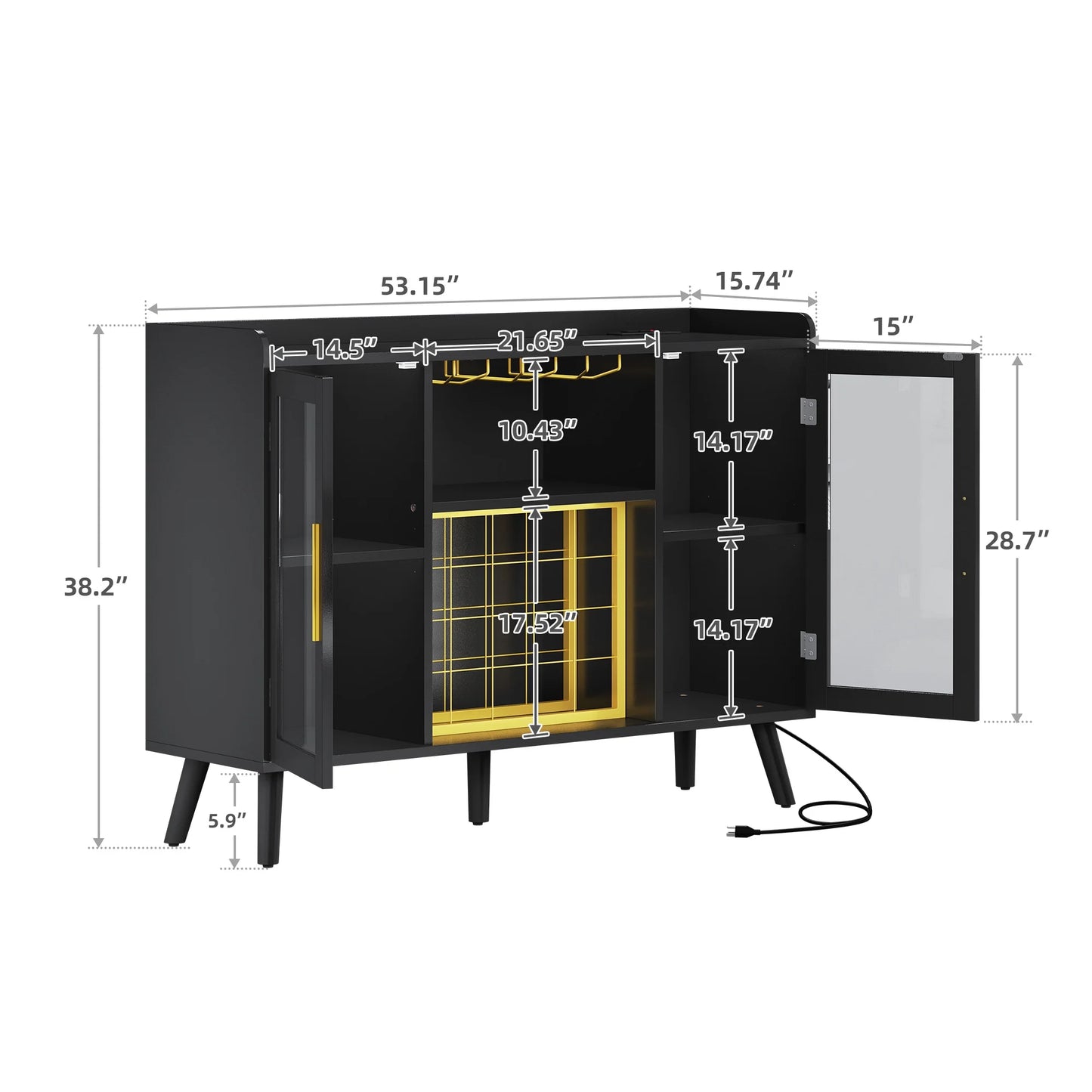 DEXTRUS Wine Bar Cabinet with Power Outlet & LED Light, Cabinet with Wine Rack & Glass Holder, White