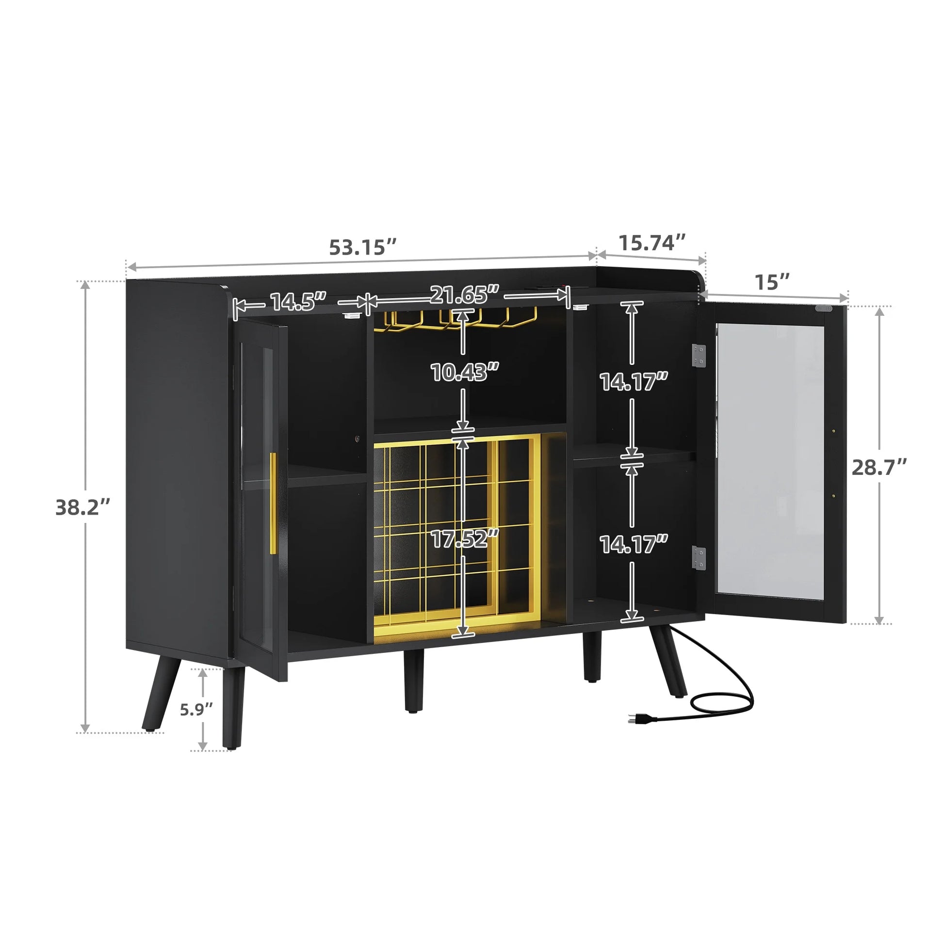 DEXTRUS Wine Bar Cabinet with Power Outlet & LED Light, Cabinet with Wine Rack & Glass Holder, White