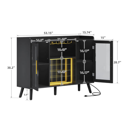 DEXTRUS Wine Bar Cabinet with Power Outlet & LED Light, Cabinet with Wine Rack & Glass Holder, White