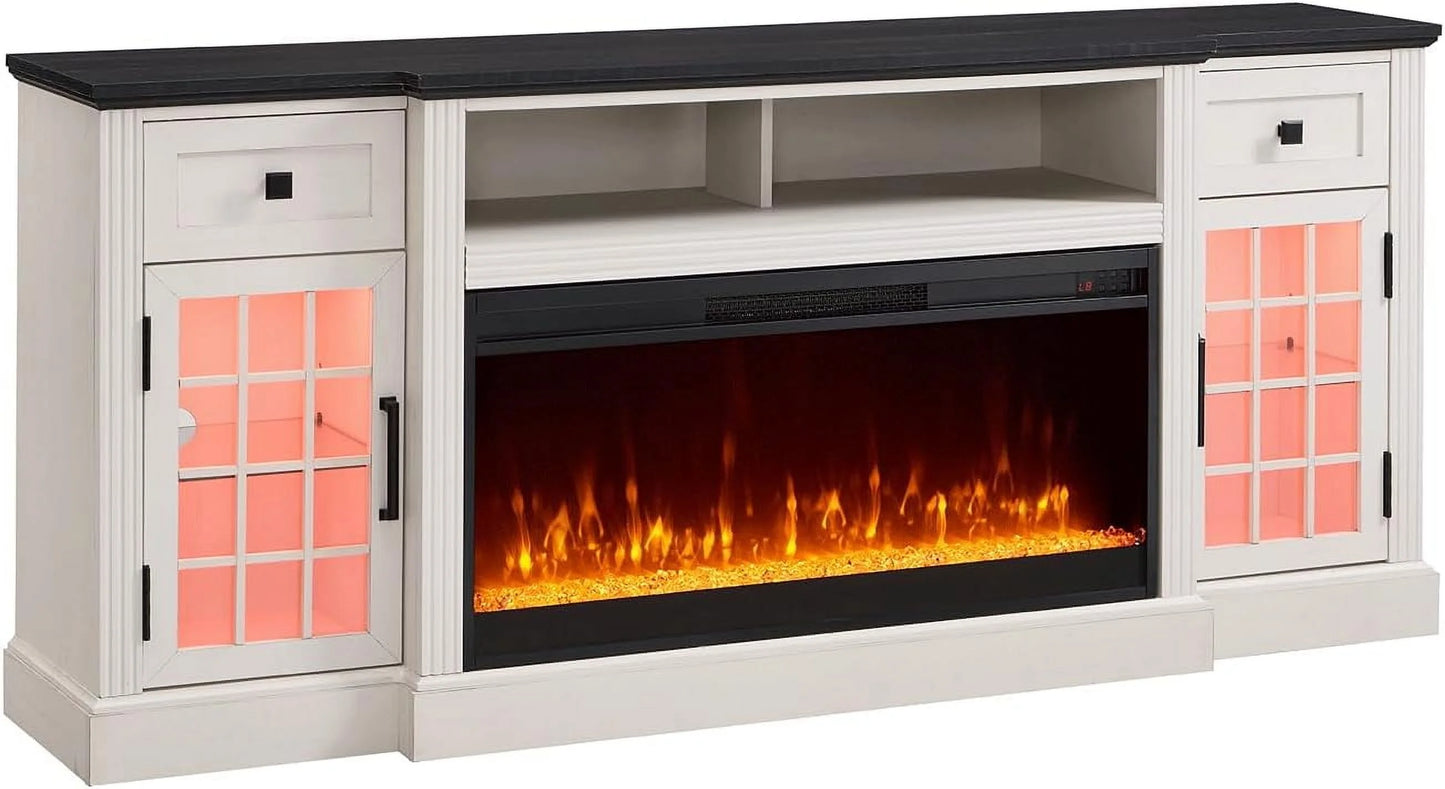 T4TREAM Fireplace TV Stand for 80 Inch TV, Farmhouse Highboy Entertainment Center with 36" Electric Fireplace, LED Lights, Glass Door Cabinet & Storage Drawer, White