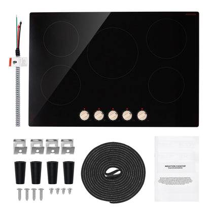KFFKFF 30 Inch Induction Stove, 9200W Built-in Stove Top, 5 Burner Electric Cooktop with Knob Control Cooktop, 12 Power Levels Integrated Induction Stove with Glass Top, Automatic Power-Off