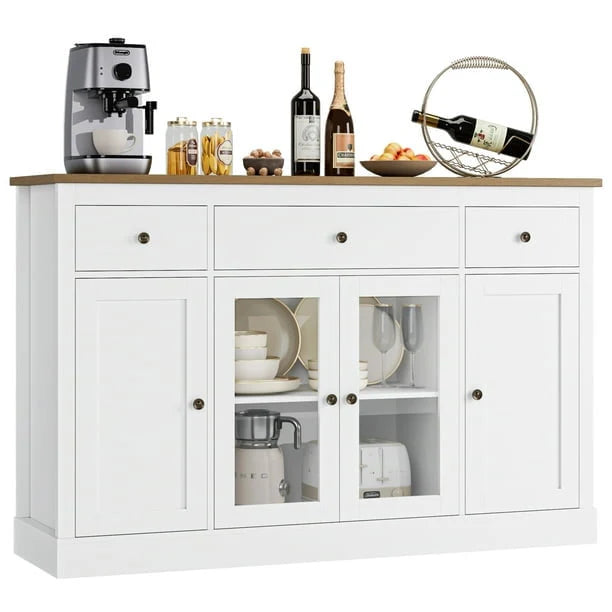 Homfa 55.1'' W Kitchen Buffet Sideboard, 3 Drawer Glass Door Accent Cabinet Coffee Bar with Adjustable Shelf for Dining Room Living Room, Gray Finish