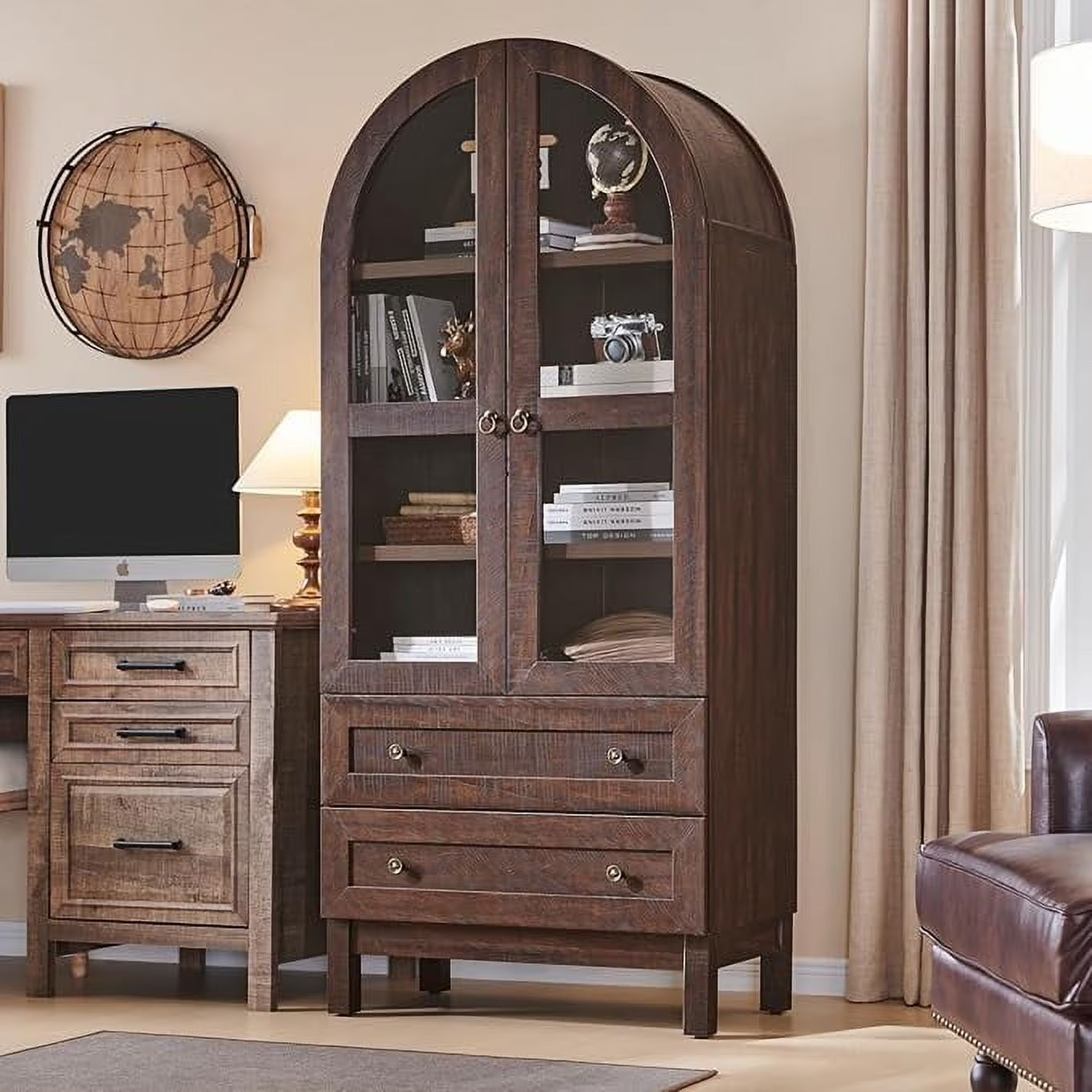 IFGET 71-Inch Arched 4-Tier Bookcase with Glass Doors and Drawers