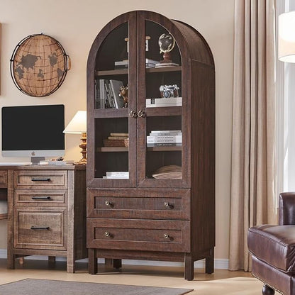 IFGET 71-Inch Arched 4-Tier Bookcase with Glass Doors and Drawers