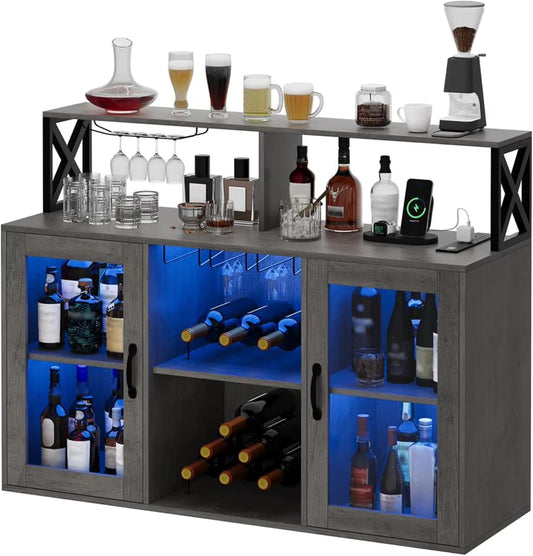 Luku Bar/Liquor Cabinet with Power Outlets Led Lights and Glass Holder, for Home, Kitchen, Gray