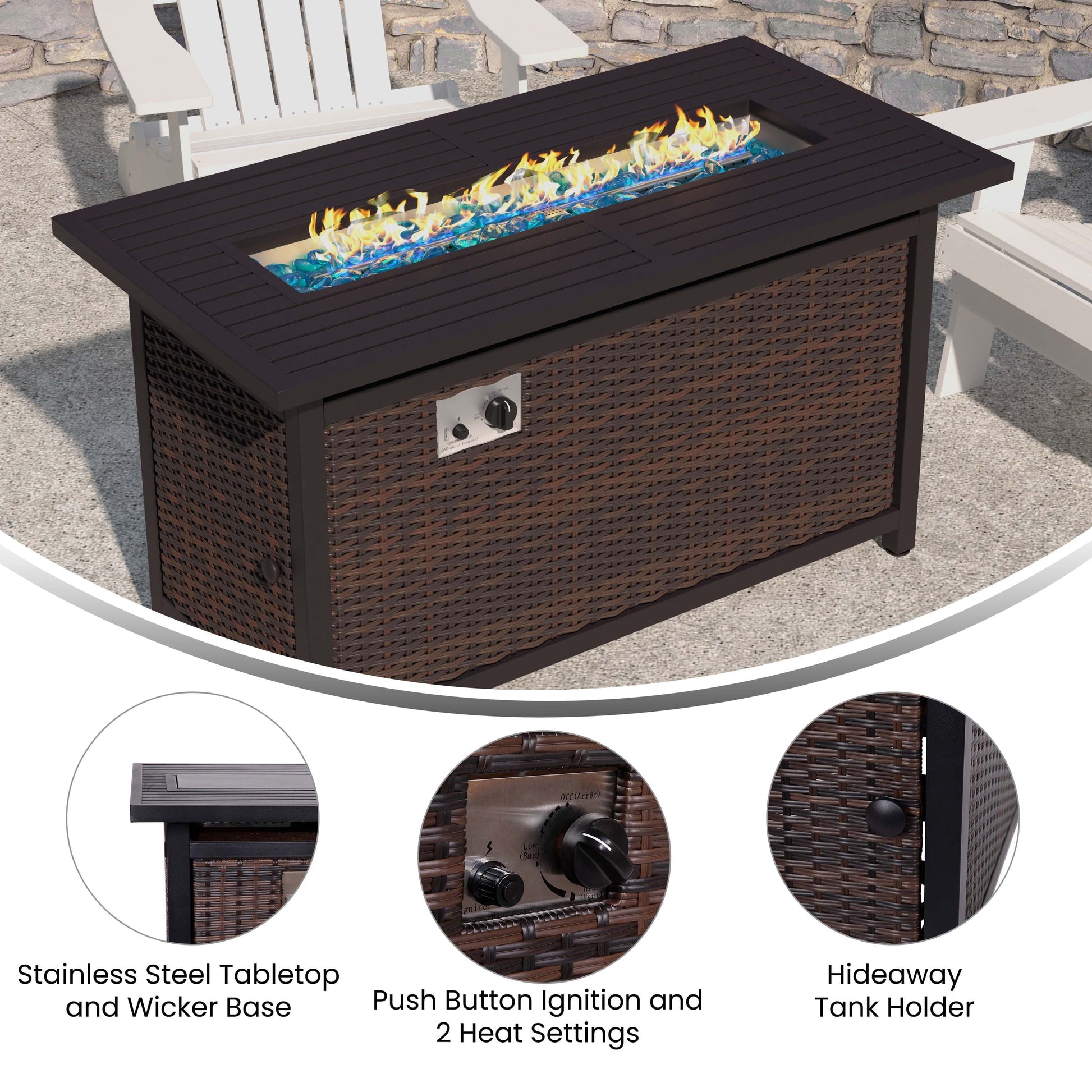 Flash Furniture Olympia 45" x 25" Outdoor Propane Gas 50,000 BTU Fire Pit Table with Stainless Steel Tabletop, Lid, Glass Beads, Wicker Base-Espresso/Black