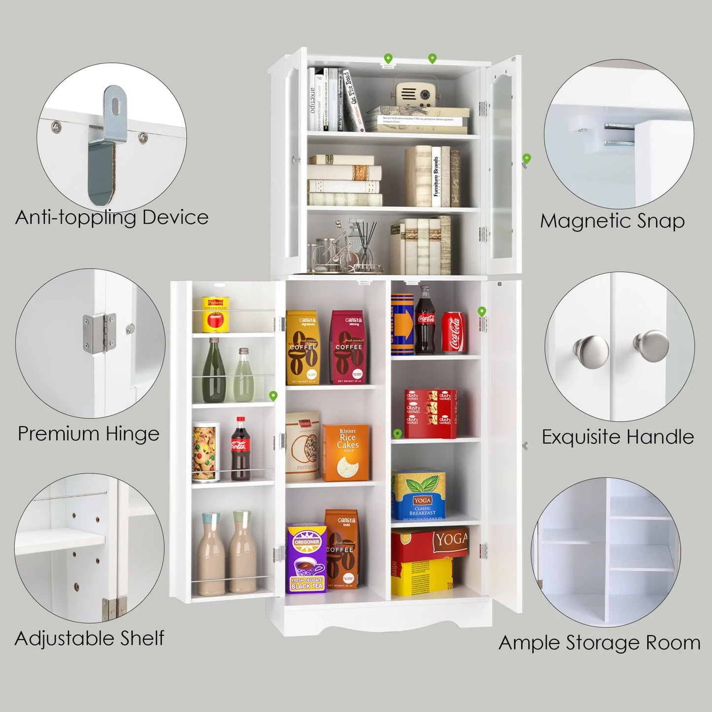 Homfa Kitchen Food Pantry Cabinet, 63.5'' Tall Storage Cabinet with Frosted Glass Doors and Adjustable Shelves, White
