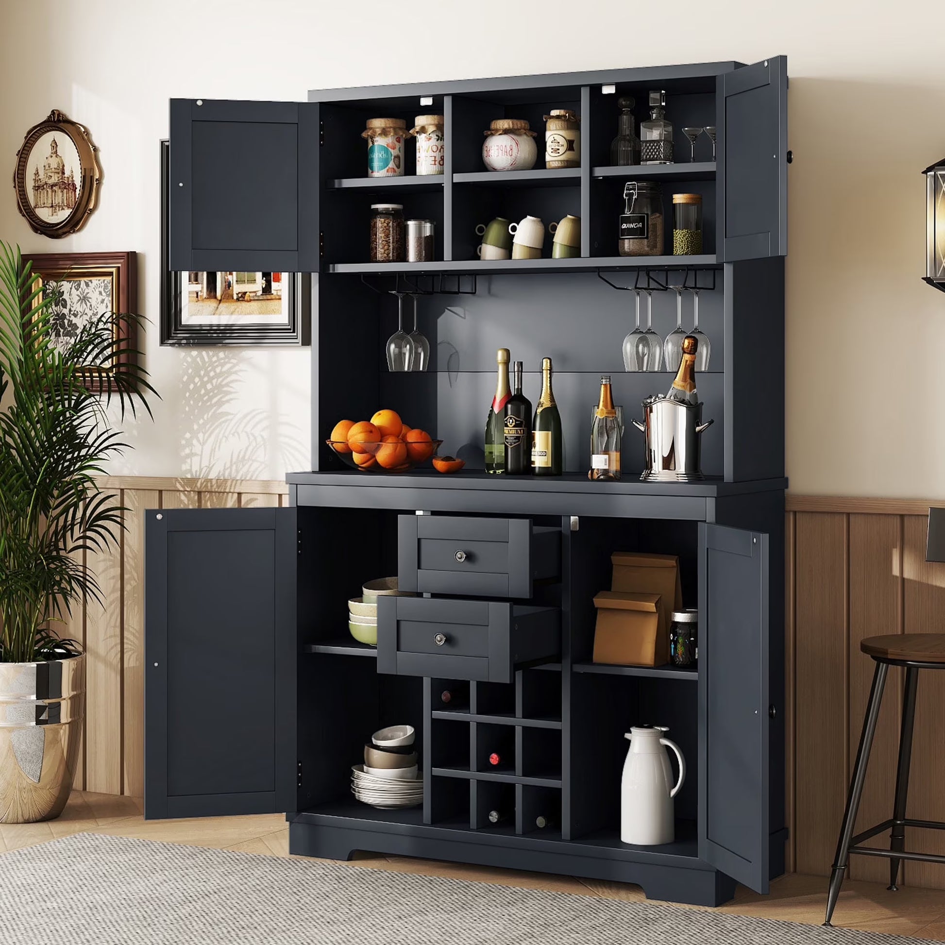 Bellemave 73.8"H Farmhouse Coffee Bar Cabinet with Shelves and Drawers Buffet Cabinet Wine Cabinet with Glass Holder and Wine Rack Tall Kitchen Cabinet for Dining Room, Antique Blue