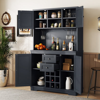 Bellemave 73.8"H Farmhouse Coffee Bar Cabinet with Shelves and Drawers Buffet Cabinet Wine Cabinet with Glass Holder and Wine Rack Tall Kitchen Cabinet for Dining Room, Antique Blue