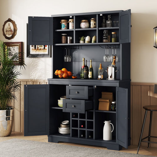 Bellemave 73.8"H Farmhouse Coffee Bar Cabinet with Shelves and Drawers Buffet Cabinet Wine Cabinet with Glass Holder and Wine Rack Tall Kitchen Cabinet for Dining Room, Antique Blue