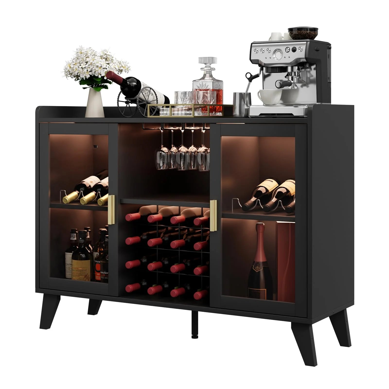 Ataucjin 47" Wine Bar Cabinet With LED Lights,Modern Liquor Cabinet With Wine Racks And Glass Holders,Home Coffee Bar Cabinet,Freestanding Kitchen Buffet Sideboard Storage Shelf For Living Dining Room