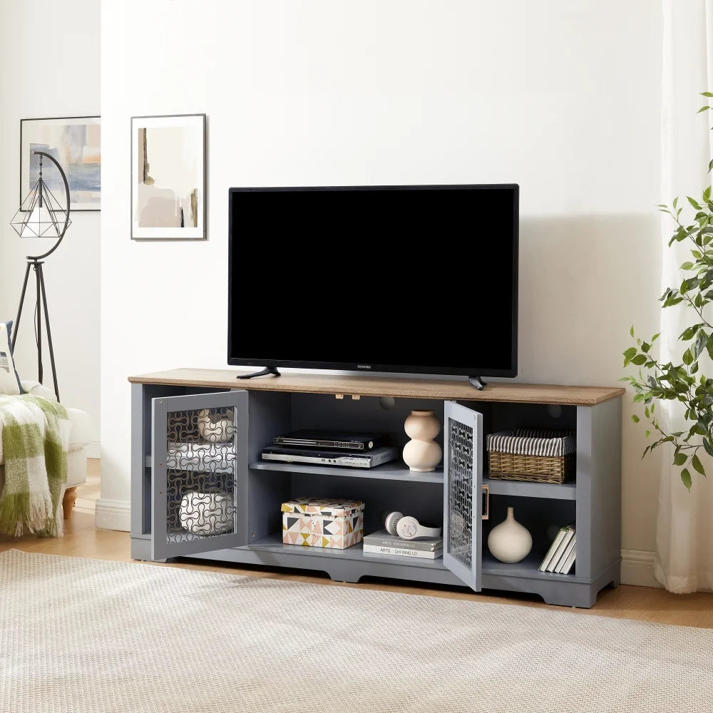 Tcbosik Farmhouse Buffet Cabinet, 56.4" Sideboard Cabinet w/2 Drawers and 2 Glass Doors, Coffee Bar Cabinet with Glass Cup Holder and 8-Slot Wine Rack for Dining Room Living Room, Light Blue